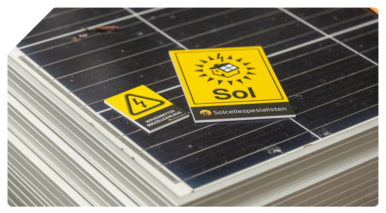 Gule merkeskilt fra Solcellespesialisten som ligger på en stabel med solcellepaneler