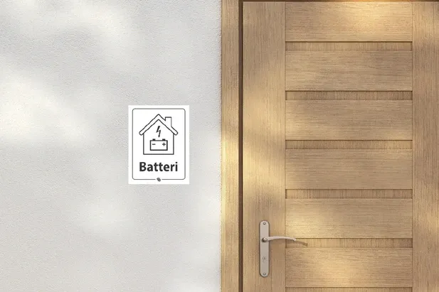 Hvitt skilt med symbol av et hus med batteri og teksten «Batteri», montert på en yttervegg ved siden av en inngangsdør